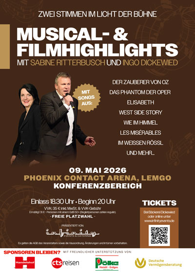 Plakat zum Konzert ‚Musical- & Filmhighlights' mit Sabine Ritterbusch und Ingo Dickewied am 9. Mai 2026 in der Phoenix Contact Arena Lemgo.